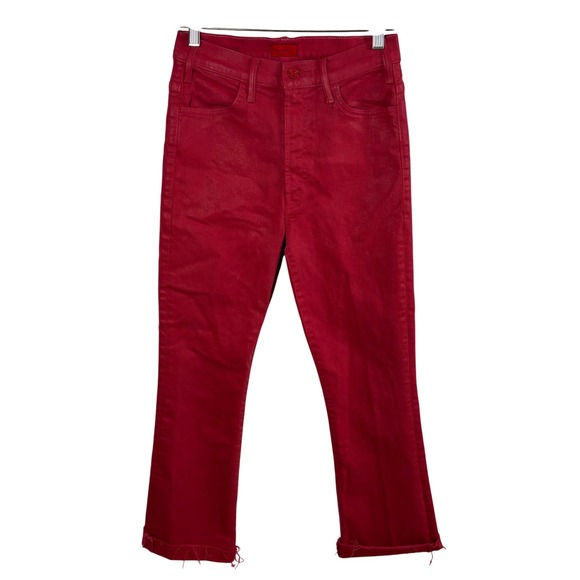 MOTHER Denim - Mother The Hustler Ankle Fray Jeans 27 Red High-Rise Flare Raw Hem Coated Denim